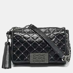 Ch Carolina Herrera Pearl Studded Black Quilted Patent Leather Flap Chain
